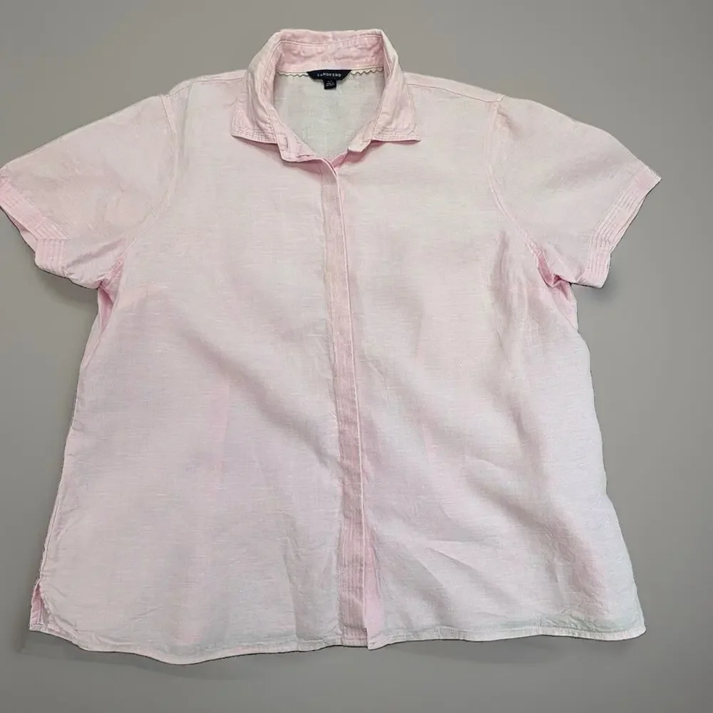 Lands' End Women's Pink Linen Short Sleeve Button-Up Shirt XL 18-20 Casual